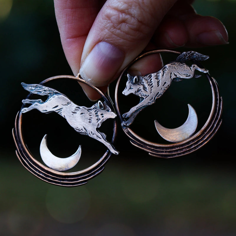 Lunar Leap | Wolf Hoop Earrings | Sterling Silver + Ancient Bronze