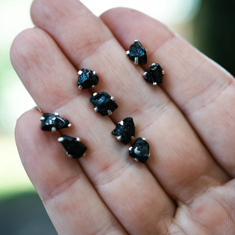 Black Tourmaline prong | Silver Stud Earrings