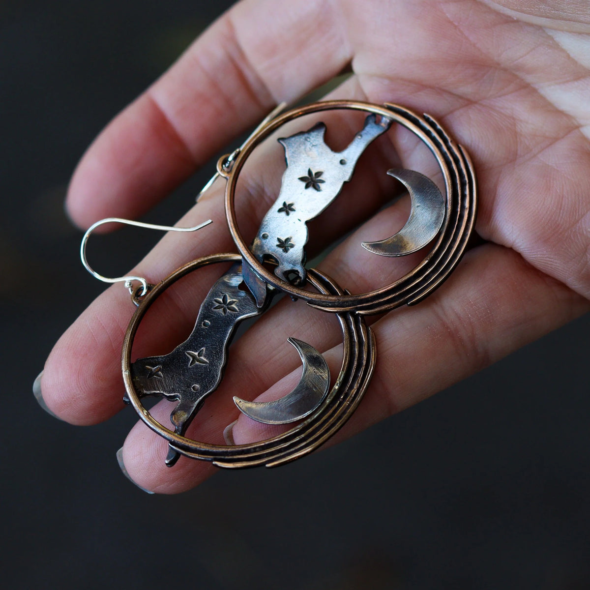 Lunar Leap - Wolf Hoop Earrings - Sterling Silver + Ancient Bronze, alternate view