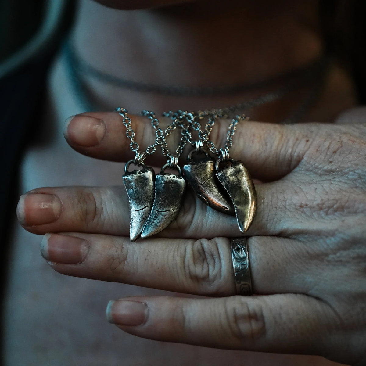 1 Left! Tyrannosaur Tooth Necklace - Bronze or Silver, close-up detail