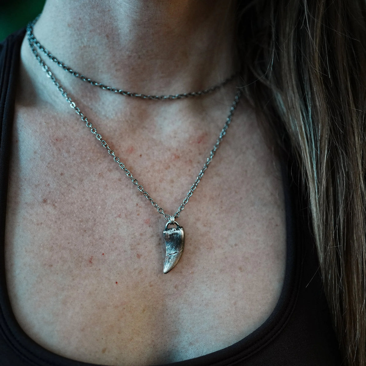 1 Left! Tyrannosaur Tooth Necklace - Bronze or Silver, styling view
