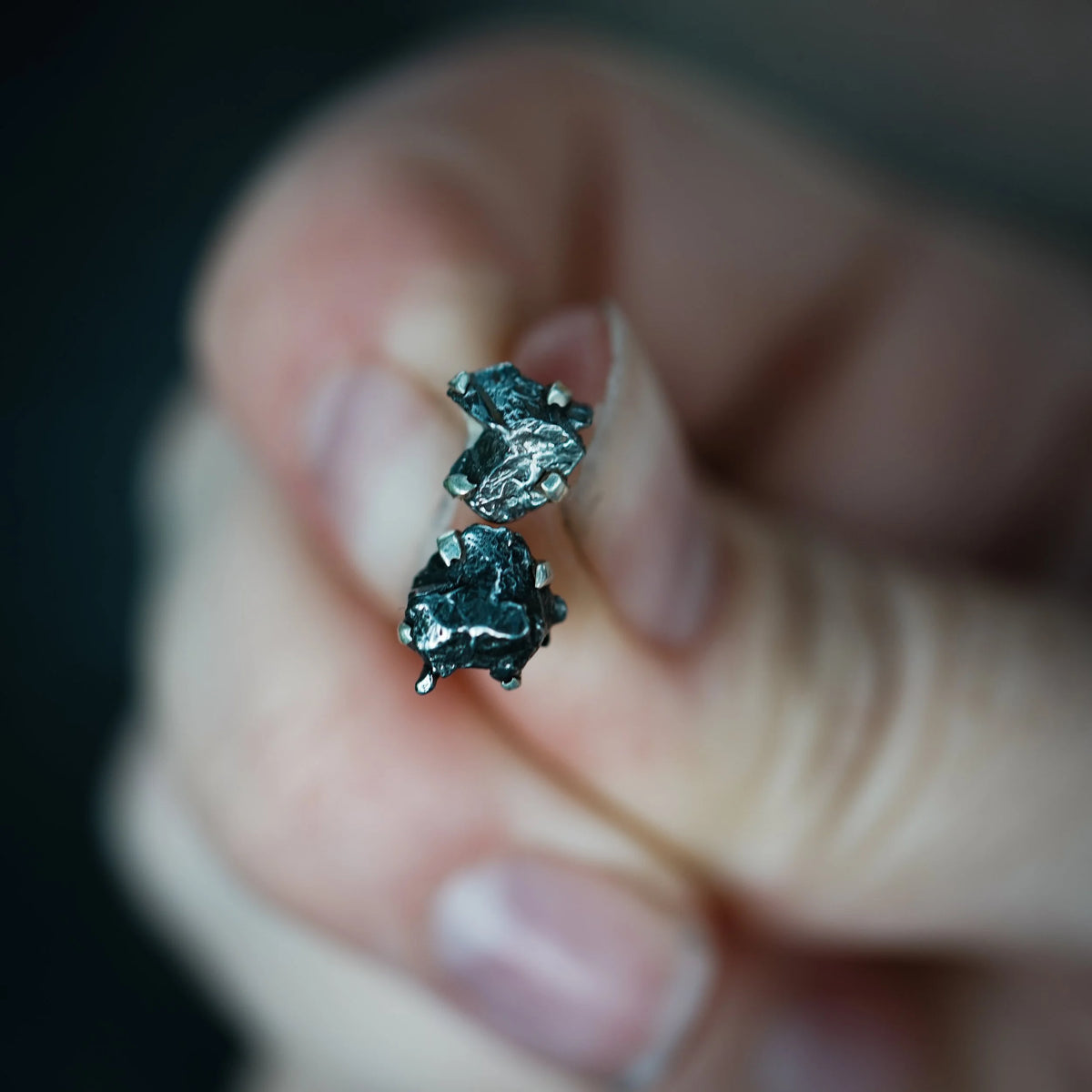 Meteorite - Prong Silver Stud Earrings, side view