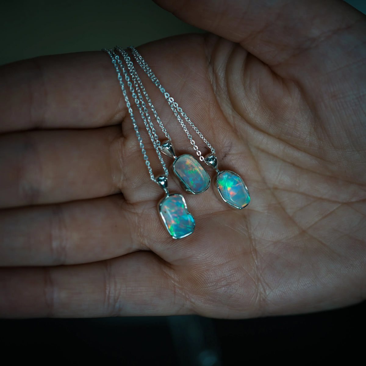 Ghost Ember - Silver wrapped Opal Necklace, side view