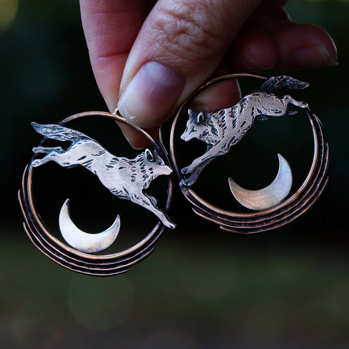 Lunar Leap Wolf Hoop Earrings, bronze moons, main view
