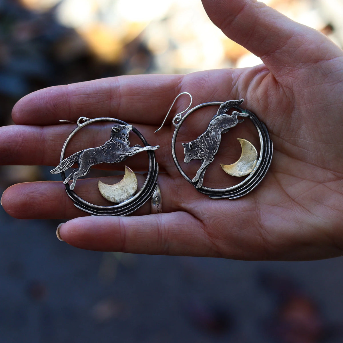 Lunar Leap - Wolf Hoop Earrings - Sterling Silver + Brass Moons, close-up detail
