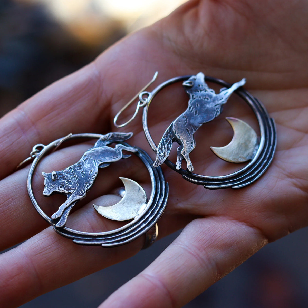 Lunar Leap - Wolf Hoop Earrings - Sterling Silver + Brass Moons, alternate view