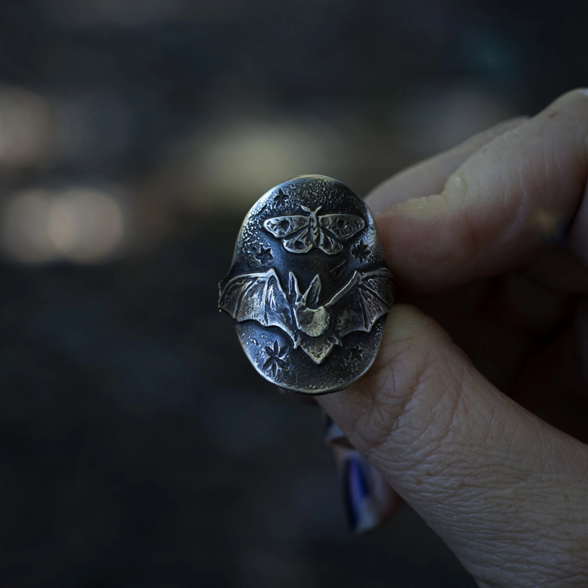 1 Left!! Night Shift - Bat + Moth Mini Armor Ring, side view