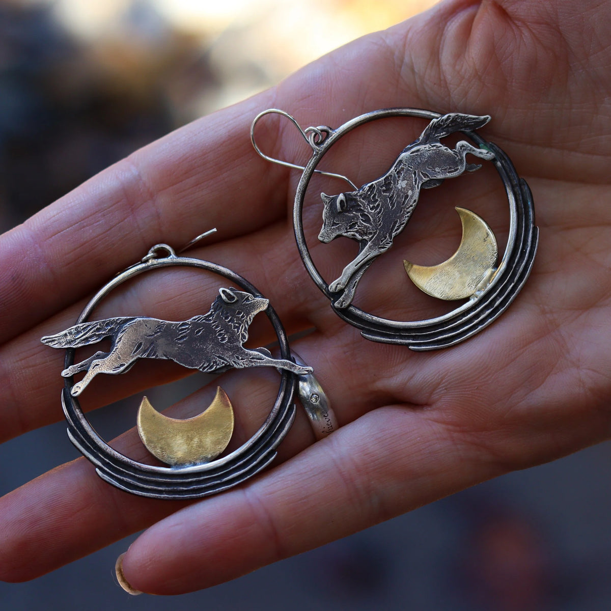 Lunar Leap Wolf Hoop Earrings, brass moons, main view