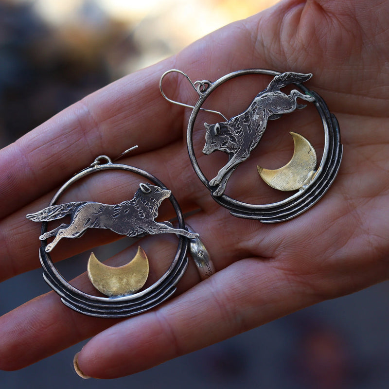 Lunar Leap | Wolf Hoop Earrings | Sterling Silver + Brass Moons