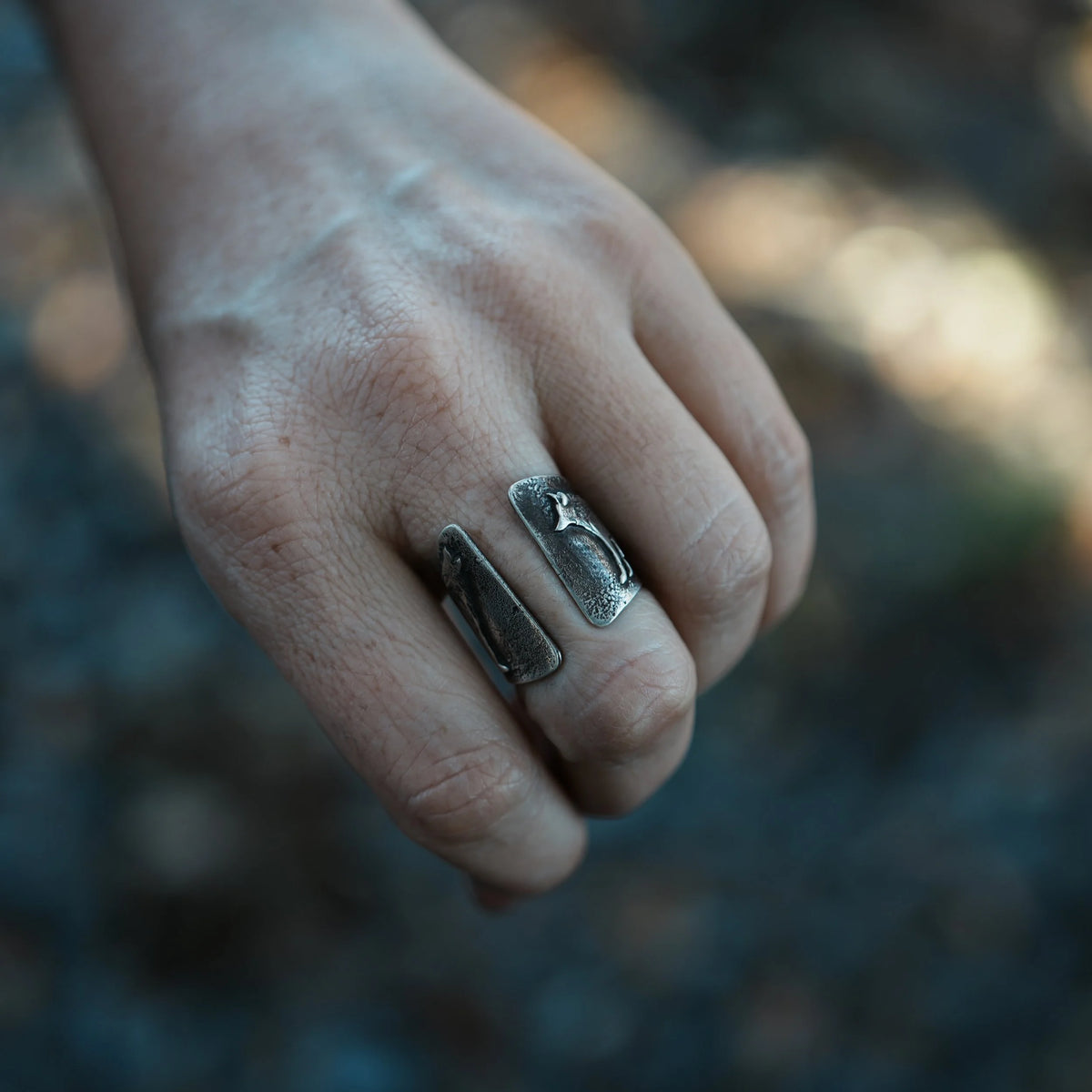 Pack of Two - Silver Wolf Ring, close-up detail