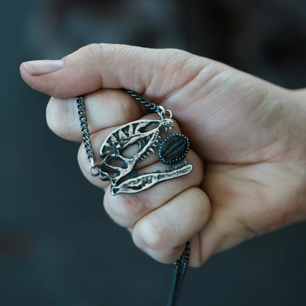 Dilophosaurus Skull - Trilobite Necklace, lifestyle view