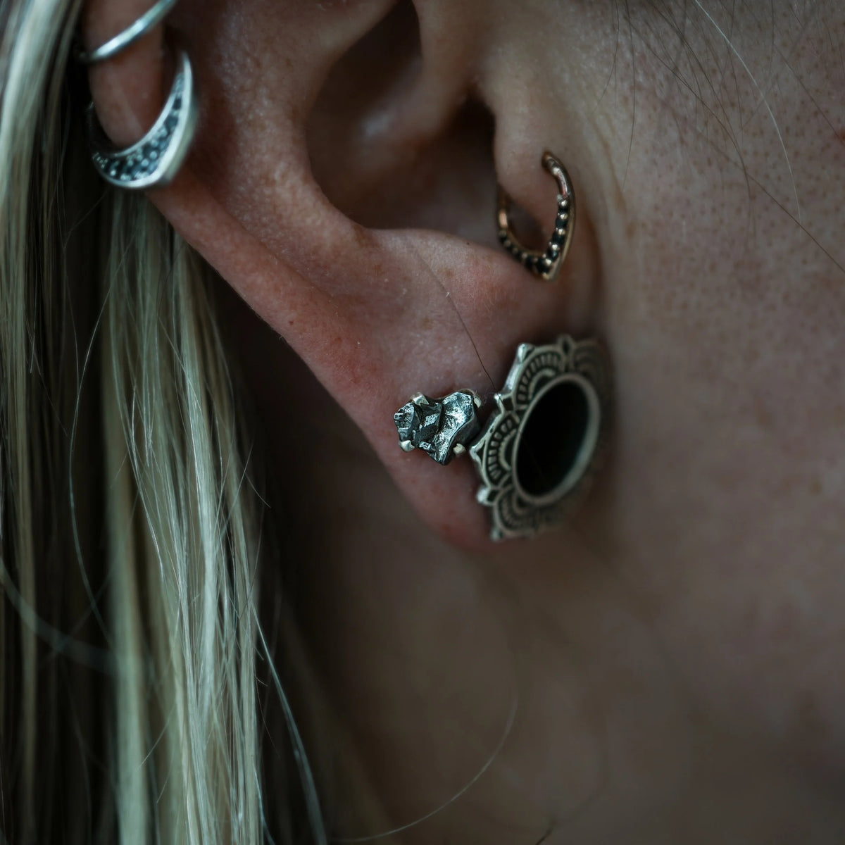 Meteorite - Prong Silver Stud Earrings, detail view