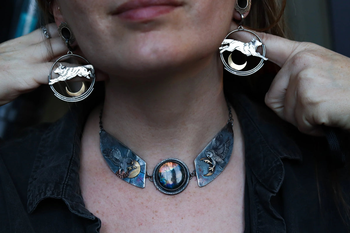 Lunar Leap - Wolf Hoop Earrings - Sterling Silver + Brass Moons, detail view