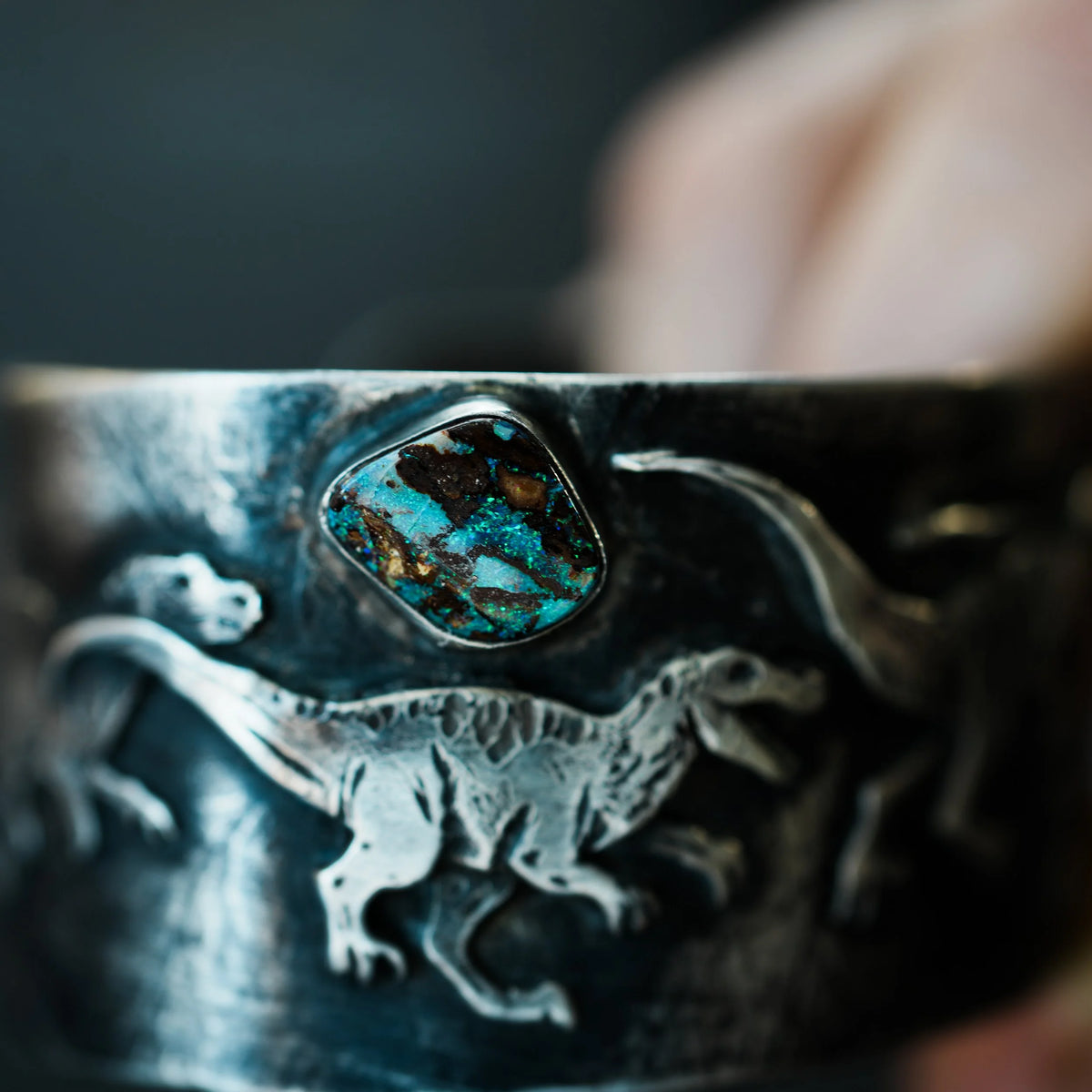 Velociraptor Cuff - Australian Opal, lifestyle view