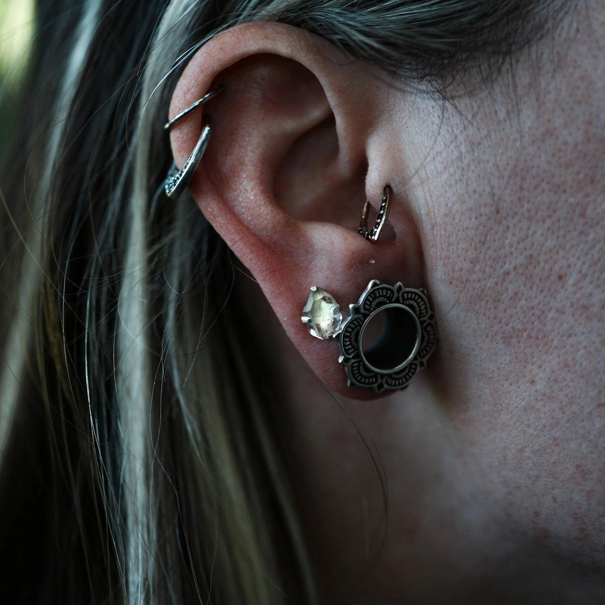 Spirit Fire - Herkimer Prong Silver Stud Earrings, detail view