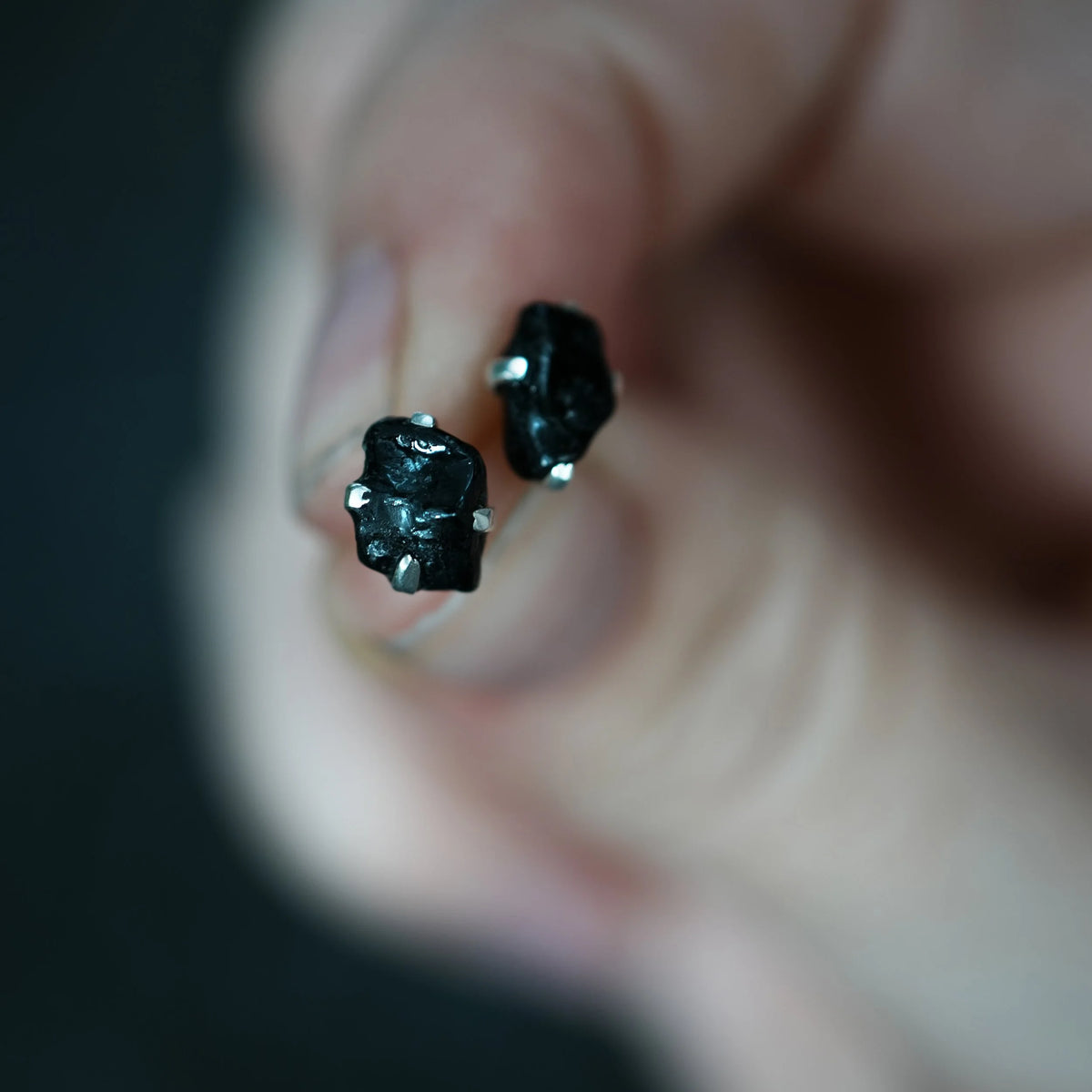 Black Tourmaline prong - Silver Stud Earrings, detail view
