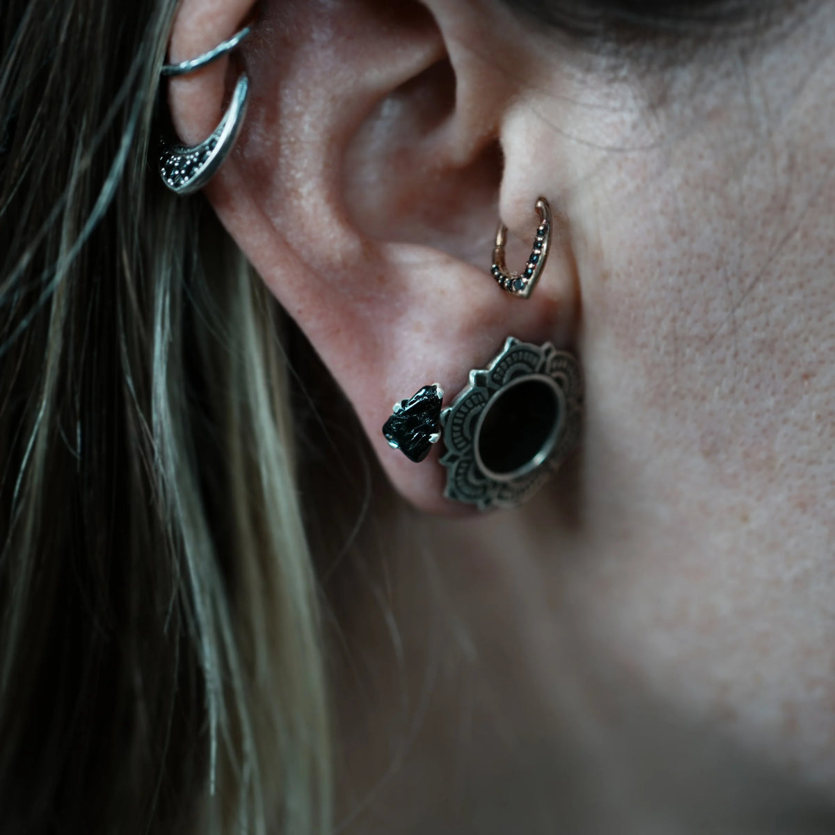 Black Tourmaline prong - Silver Stud Earrings, side view